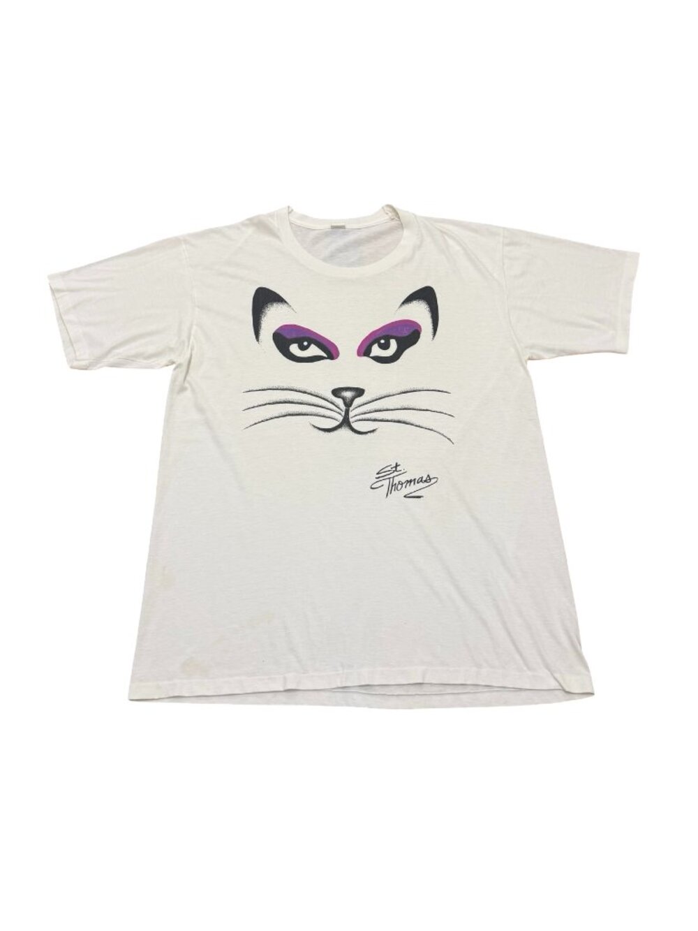 Vintage 1990s Cat Face Graphic Single Stitch T-Shirt White Cotton Made in USA